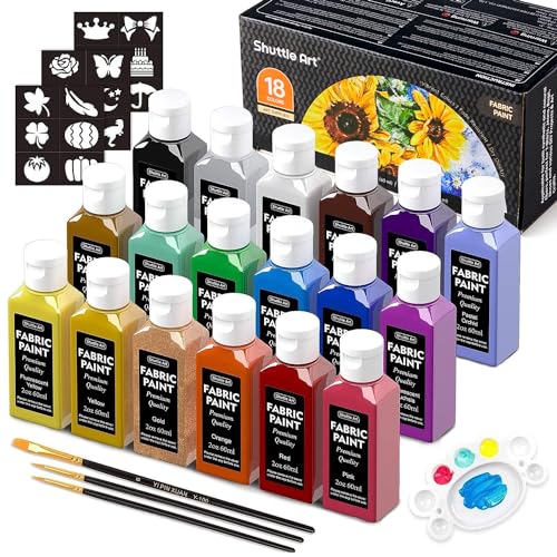 Shuttle Art 18 Couleurs Peinture Textile Permanent pour Tissu (60ml), Peinture Non Toxique avec Pinceaux, Palette, Pochoirs, Peinture pour Tissu et Vêtement Idéal pour T-shirts, Chaussures, Sacs