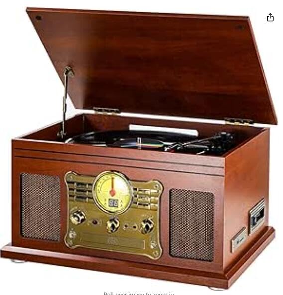 Platine Vinyle Bluetooth à Trois Vitesses et Haut-parleurs stéré, Convertisseur de Vinyle LP en MP3 avec CD, Lecteur de Cassette, Radio FM,Aux in et Prises Casque