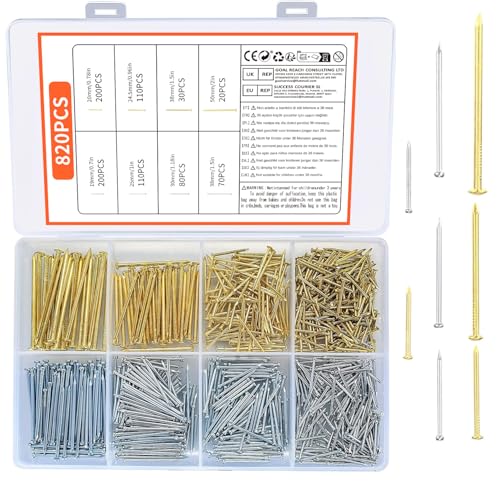 820 Pièces Assortiment de Clous, Clous à Tête Ronde, Clous Bois Matériel Fabriqué Main Accessoires de Fixation pour Meubles Décoratifs, Accrocher Tableaux, DIY - Or, Argent