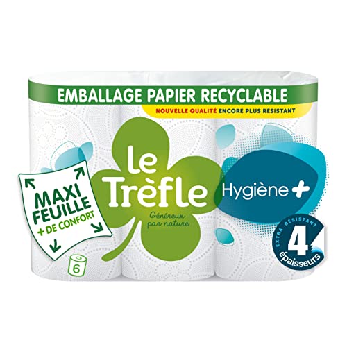 Le Trefle Hygiène Plus - Papier toilette, 6 Rouleaux, 4 épaisseurs, Confort Ultime, Douceur remarquable, Maxi Feuilles, Blanc