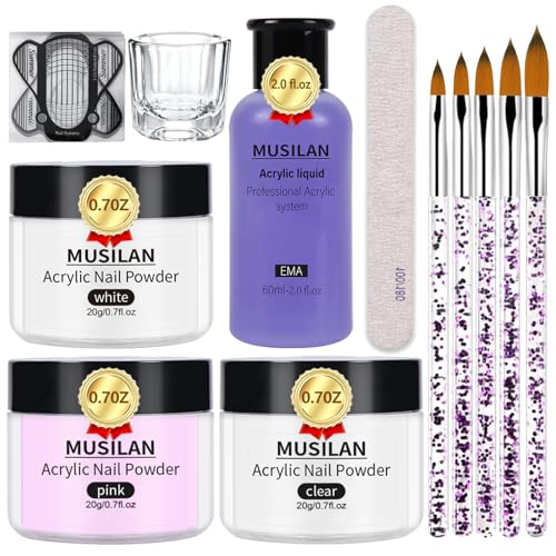 MUSILAN Kit Complet Acrylique Ongles, 3PCS Poudre Acrylique pour Ongles avec Liquide Acrylique 60ml + accessoires, Kit Professionnels d'extension ongles acrylique Convient Aux Débutants et Aux