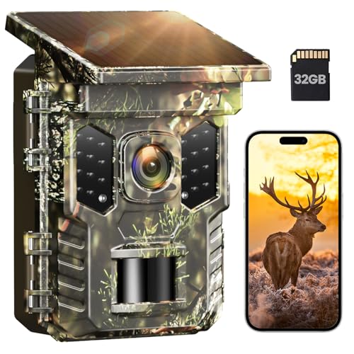 XTU Camera de Chasse Connectée Telephone Solaire 2,7K 32MP avec 32GB SD, Camera Infrarouge Vision Nocturne Animaux Caméra Piege Photographique Étanche IP66,Camera Suiveuse Exterieur