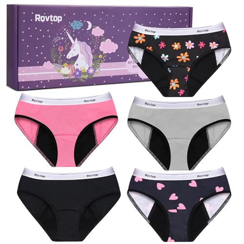 Rovtop Lot de 5 Culotte Menstruelle en Coton pour Fille Culotte Incontinence pour Enfants Adolescente Culotte Périodiques Lavable 12-14 Ans Taille L