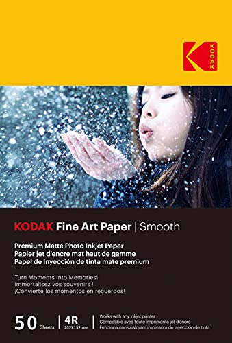 KODAK Fine Art Paper - Papier Photo Mat, Pack de 50 Feuilles, 180g/m², Format A6 (10x15cm), Impression Jet d'Encre Effet Lisse, Qualité Supérieure pour Vos Souvenirs