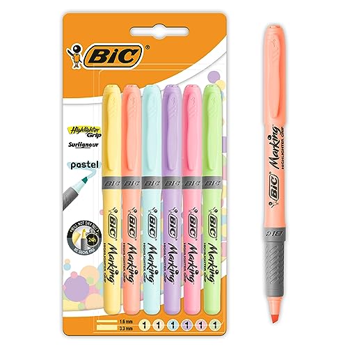 BIC Highlighter Grip Pastel - Surligneurs à Pointe Biseautée Modulable - Couleurs Assorties, Blister de 6