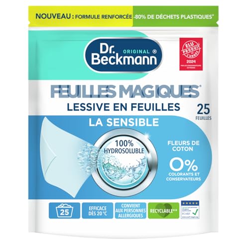 Dr. Beckmann 25 FEUILLES MAGIQUES Lessive en feuilles LA SENSIBLE Hypoallergénique | Format pré-dosé, pratique et léger | 100% hydrosoluble, facile à utiliser et ranger