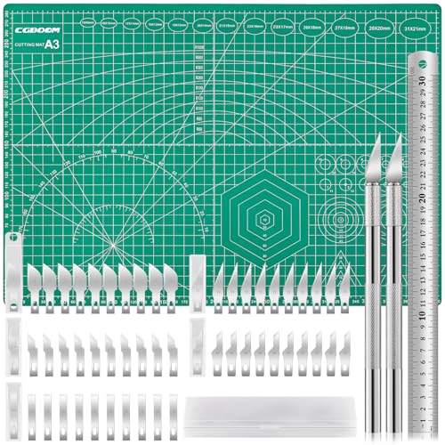CGBOOM Tapis de Découpe Auto-Cicatrisant, Tapis de Découpe avec 50 Couteaux de Bricolage et Règle en Acier pour le Bricolage, le Dessin, le Scalpel de Bricolage (A3)
