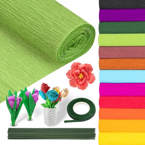 12 Couleurs Papier Crepon Papier Crépon 25 x 200 cm 12 Rouleau Papier Crépon avec Rouleau de Ruban et Tiges de Fil Floral Papier Crépon Fleurs pour Créer Des Fleurs Bricolage Décoration