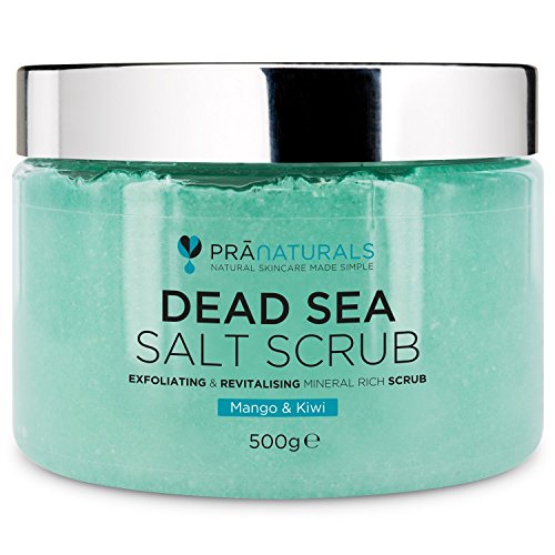 PraNaturals Gommage pour le corps au sel de la Mer Morte 500gr – Hydratant, huiles naturelles et minéraux, douce odeur fruitée, sans parabènes, vegan et sans cruauté animale (Mangue et Kiwi)