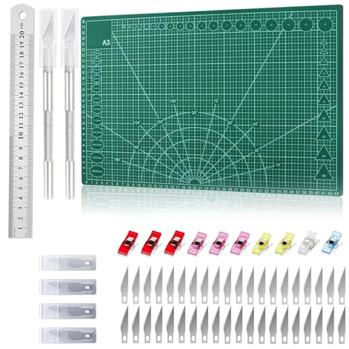 Xmart Tapis de Découpe A3 Double Face Tapis Coupe Autocicatrisan Plaque Découpe avec Règle en Acier 2 Couteaux à Découper 42 Lames 10 Pince à Coudre Cutting Mat pour Bricolage Artisanat Dessin