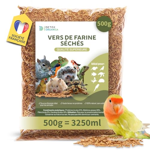 vers de Farine Séchés [500g = 3250ml - Qualité Premium ] Friandise pour Oiseaux, Hérissons, Tortues, Reptiles, Poissons, Rongeurs -Animaux Sauvages + Compagnie - 100% Naturel et sans additifs