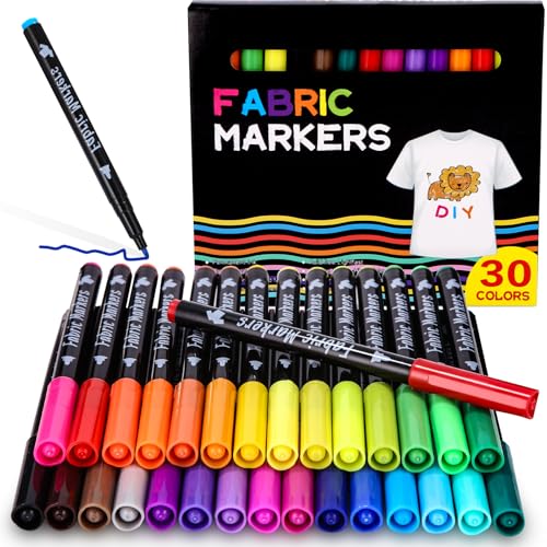 Lot de 30 crayons de peinture textile lavables - 30 couleurs Marque pour t-shirts, sacs en tissu, chapeaux, sacs à provisions, chaussures en toile
