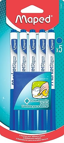 Maped - 5 Feutres effaçables à Sec Marker’Peps + 1 Chiffonnette - Feutres pour Ardoise et Tableau Blanc - Marqueurs non Permanents bleus - Pointe Medium 1, 5 mm