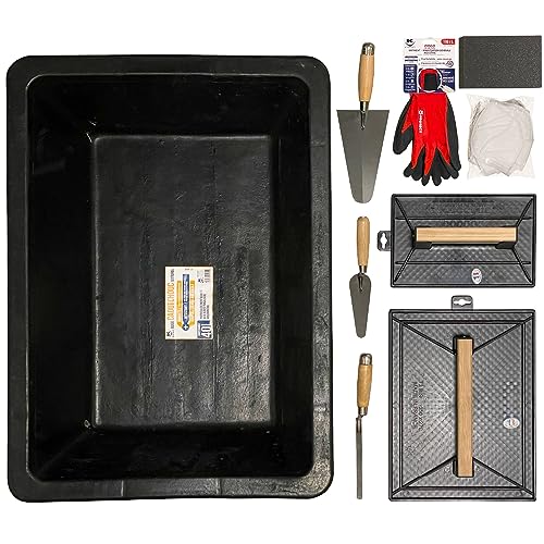 Kit d'Outils de Maçonnerie Caoutchouc & Pose Carrelage, Bricolage, lot de 10 outils - 1x Auge 40L, 2x Taloches, 3x Truelles, 2 Paires de Gants, 1x Eponge de Maçon, 1x Lot de 12 Masques FF2