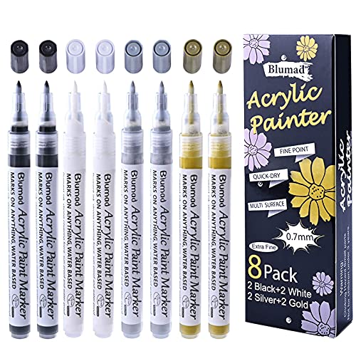 Lot de 8 crayons de peinture acrylique, couleur : noir, blanc, doré, argenté, 0,7 mm, résistant à l'eau, utilisable sur pierre, galet, céramique, bois, métal, papier, verre, cuir, bricolage