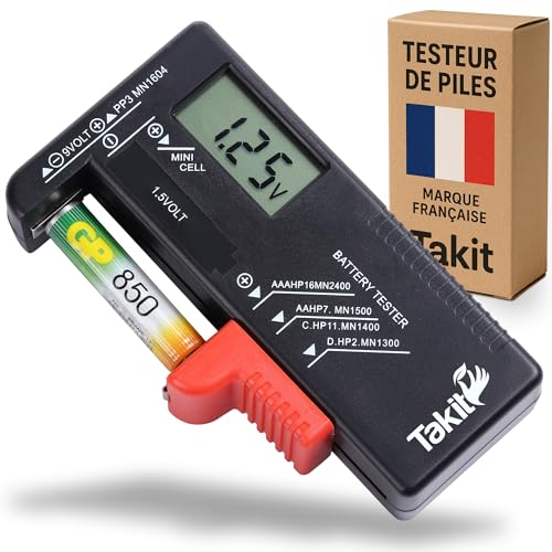 Takit Testeur de Piles numérique pour AA, AAA, C, D, PP3, 9V, 1.5V, Piles Bouton - Fonctionne sans Pile - Garantie 5 Ans - Marque Française