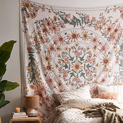 DÉCOCO Tapisserie murale beige bohémienne Mandala Médaillon à fleurs - Tapisserie hippie avec couronne blanche esthétique Décoration murale psychédélique hippie 150 x 170 cm