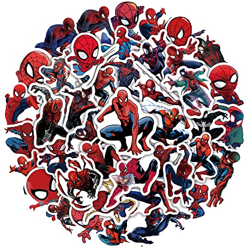 Spiderman Autocollants, 50 pièces Superheros Stickers, Stickers Moto Autocollants en Vinyle pour Ordinateur Portable pour Bouteille d'eau, Bagages, Skate, Motos, Cadeau pour Adultes Enfants