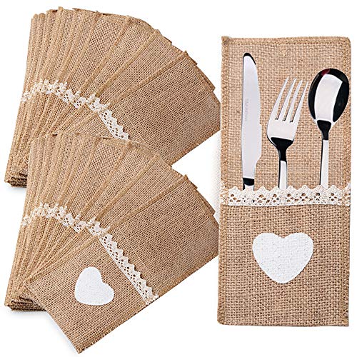 40pcs Porte-Couvert en Toile Jute et Dentelle Sac à Couteaux Table Pochette Poche à Couverts Accessoire de Vaisselle Fournitures Décoration de Table Vintage pour Soirée Repas Fête Mariage 11*21cm