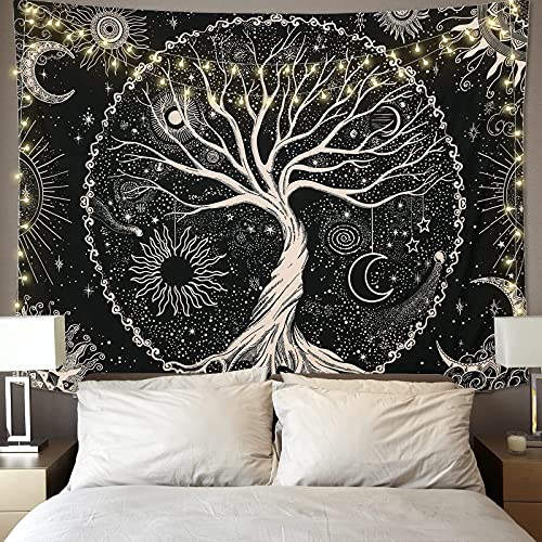 Betylifoy Arbre de Vie Tapisserie Lune et Soleil Noir Tenture Psychédélique Mandala Étoilé Hippie Décoration Murale pour Chambre Dortoir Fête (148x200cm)