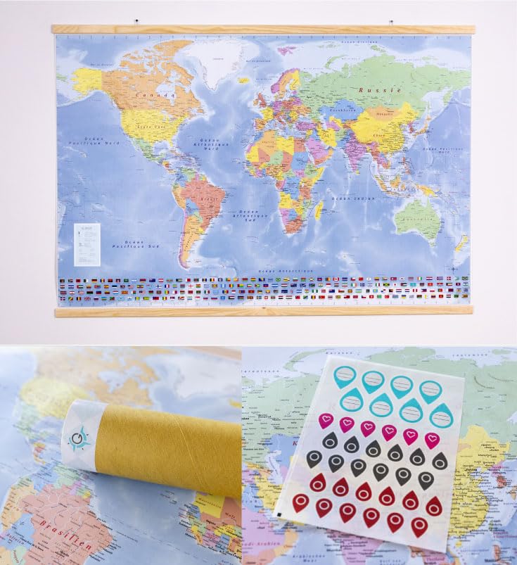 Grande carte du monde (carte murale) en français de 100 x 70 cm avec plastification sur les deux faces, avec baguettes en bois, autocollants pour marquer les destinations