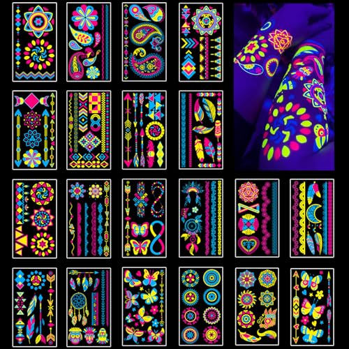 Tatouage Ephemere 20 Feuilles Tatouage Fluo Reaction à la Lumiere Noire UV Neon, Tatouage Ephemere Femme Homme Fille Ado Enfant, Tatouage Temporaire Imperméable, Accessoires Party Fluo, Cadeau Drole