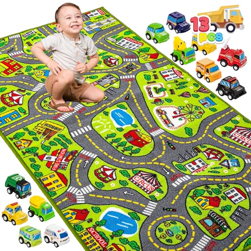 JOYIN Tapis de chambre d'enfant, 80 x 150 cm, avec 12 mini jouets de voiture, pour enfants à partir de 3 ans, tapis de jeu, rue, tapis de voiture, pour garçon et fille, pour chambre à coucher et salle