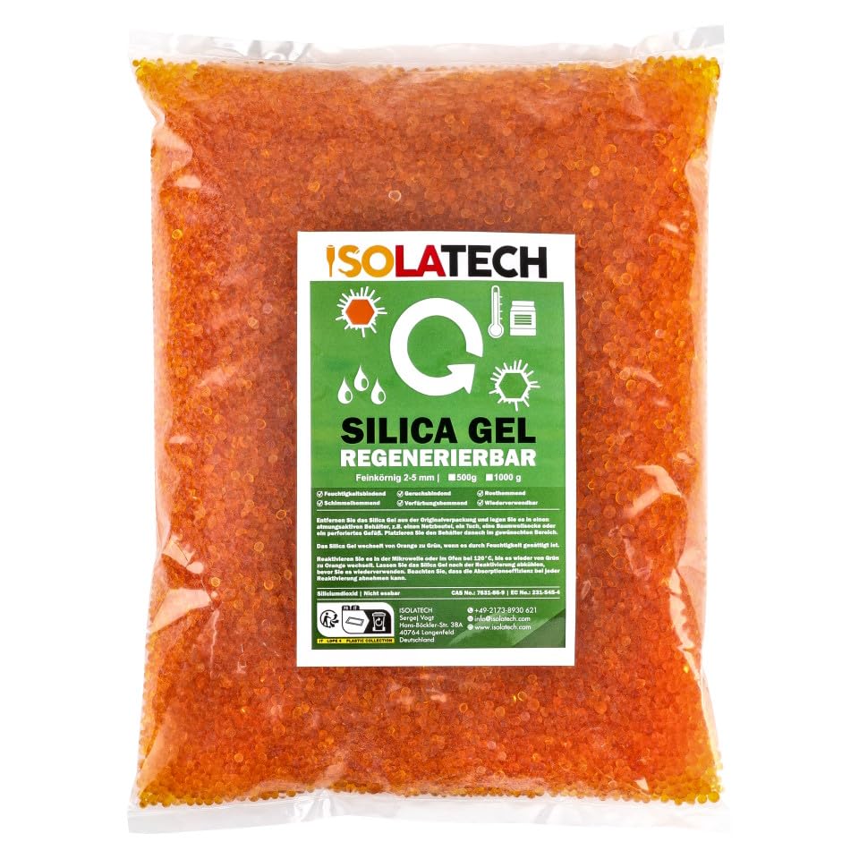 ISOLATECH Silica Gel régénérable, déshydratant, orange, sac de 1 kg Gel de silice déshumidificateur Silicagel