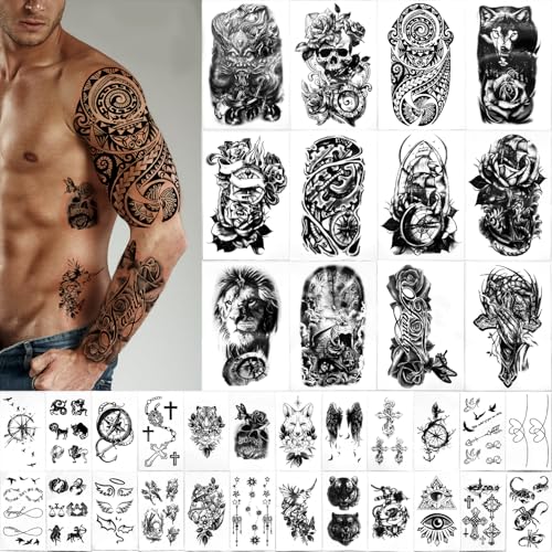 Yazhiji 36 feuilles de tatouages temporaires autocollants, 12 feuilles de faux corps bras poitrine épaule tatouages pour hommes ou femmes avec 24 feuilles minuscules noirs.