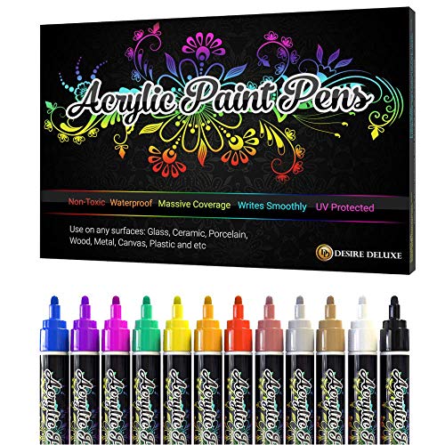 Desire Deluxe Stylos de peinture acrylique - non toxique, peinture pour pierre, céramique, verre, bois, porcelaine, cailloux, pointe ronde réversible