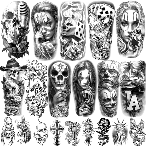 77 Feuilles de Tatouages ​​Temporaires Chicano Faux Tatouages ​​Guadalupe Gangster Prisonnier Jour des Morts Lowrider Culture Mexique Clown Faux tatouage pour Hommes Femmes Adultes