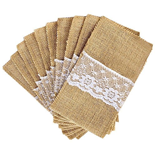 Jcevium - Lot de 50 porte-couverts en toile de jute naturelle - 21 x 11 cm - Pour couteaux et fourchettes - Décoration de mariage en toile de jute et dentelle