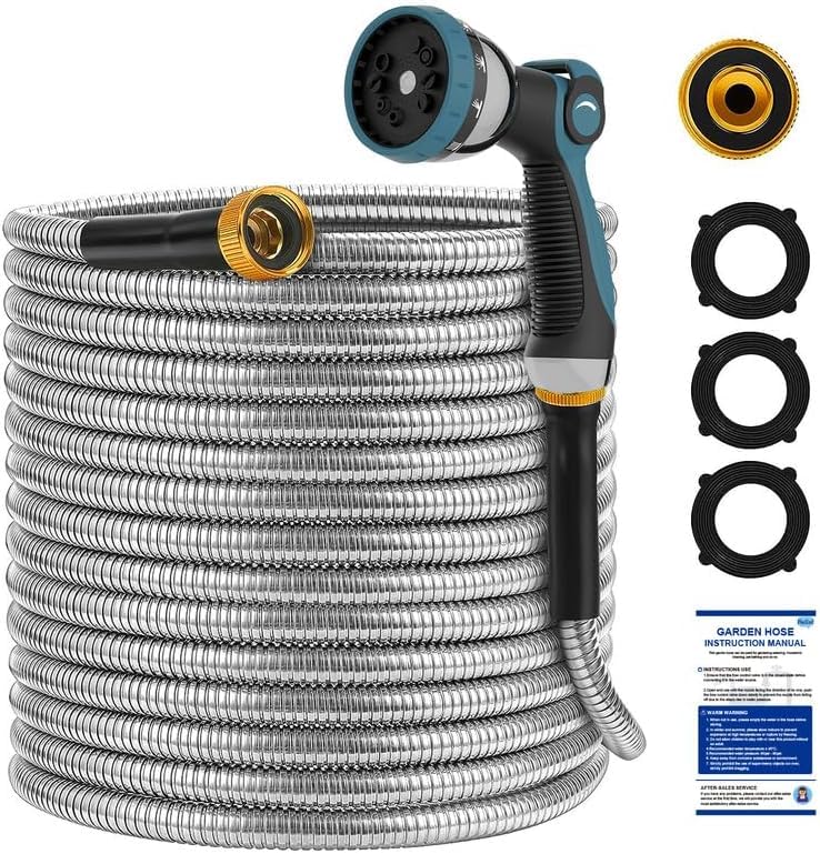 TOYSARC Tuyau d'arrosage en Acier Inoxydable 15m, Tuyau Arrosage en Métal avec 10 Modes d'arrosage et Accessoires Cuivre, Robuste, Flexible et Résistant à l'Usure et la Corrosion